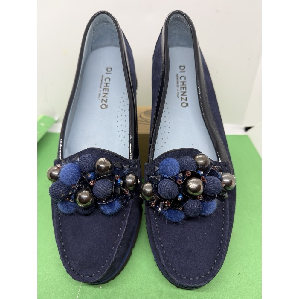 Di Chenzo Navy Blue Suede Pom Pom Loafers US 8.5 EUR 39 Handmade in Italy 1222